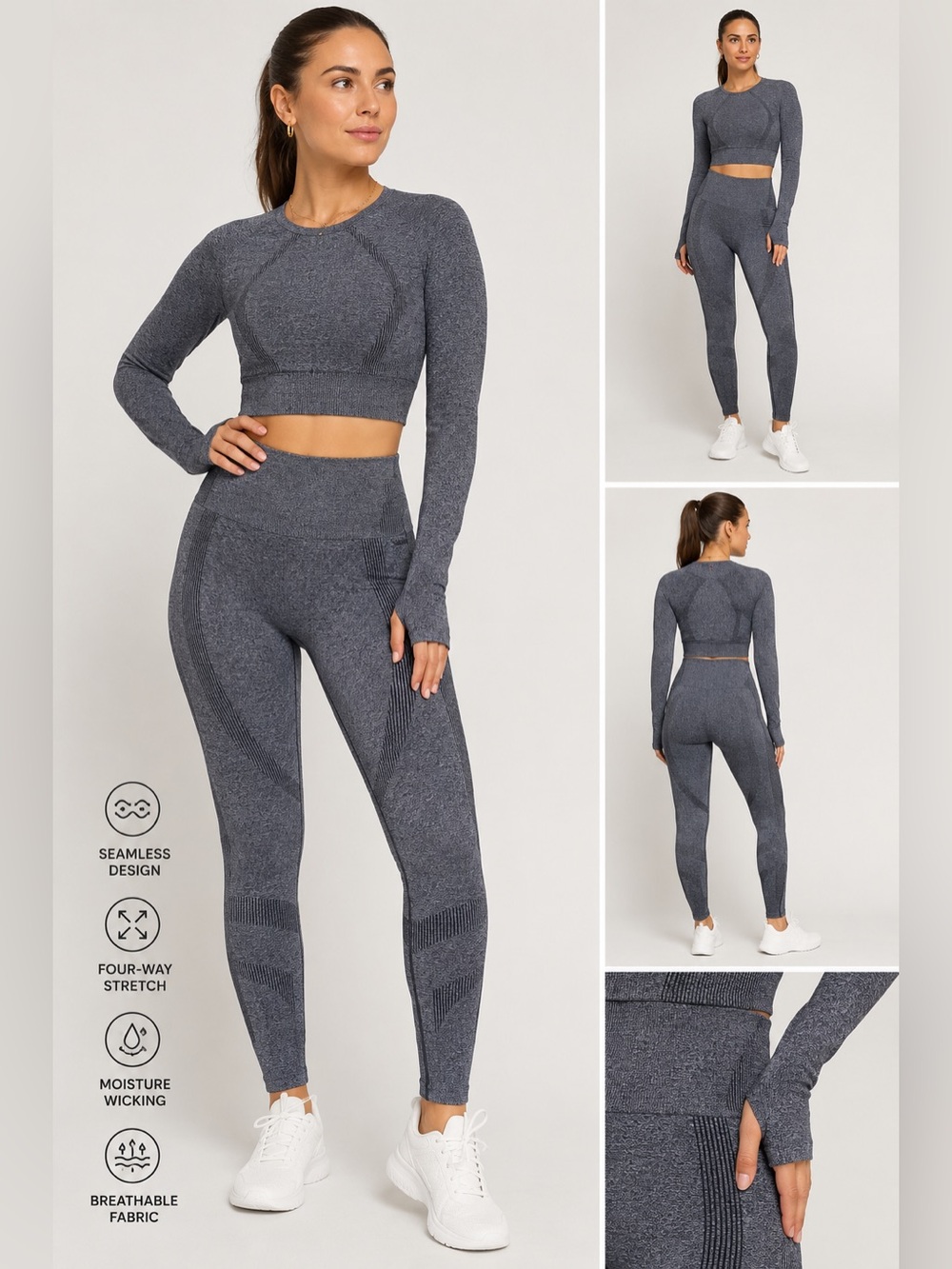Seamless Sculpting Activewear Set | Gray Long Sleeve Crop Top(M), Leggins (S)